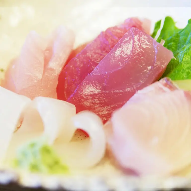 Assortiment de fines tranches de poisson cru sur un plat blanc.