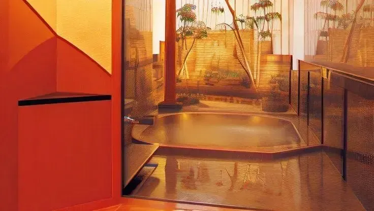 Une piscine intérieure aux formes organiques et aux couleurs chaudes.