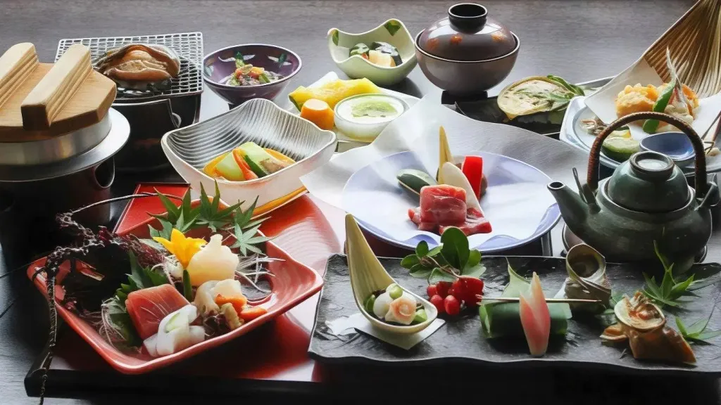 Assortiment de plats japonais présentés sur une table sombre.