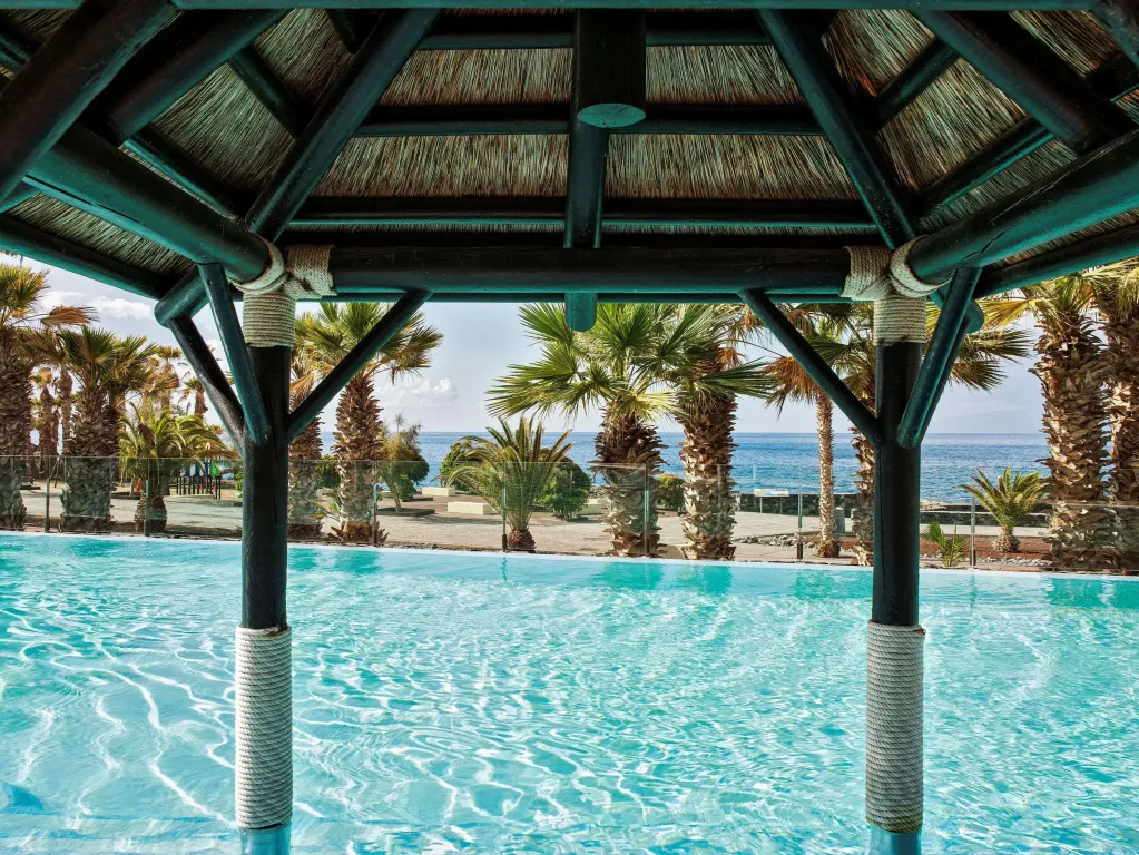 Vue sur une piscine turquoise bordée de palmiers et donnant sur la mer.