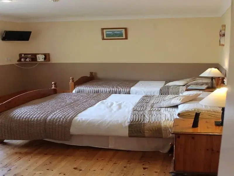 Une chambre avec deux lits simples et une décoration sobre.