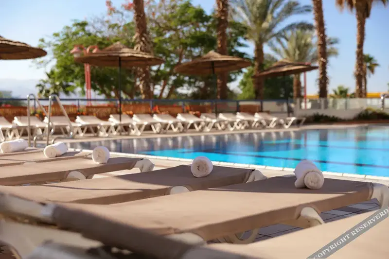 Transats alignés au bord d'une piscine ensoleillée sous des parasols.