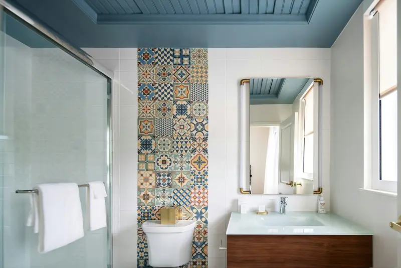 Une salle de bain lumineuse avec une douche à l'italienne et des carreaux décoratifs.