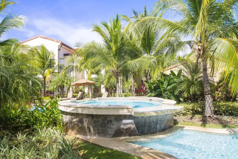 Un jacuzzi intégré à une piscine, entouré de végétation tropicale et de transats.