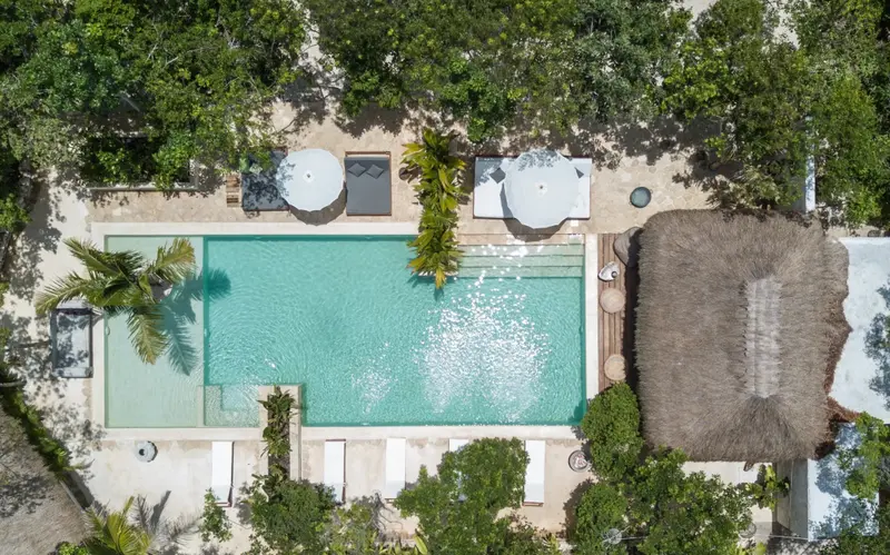 Vue aérienne d'une piscine rectangulaire entourée de chaises longues et de végétation tropicale.