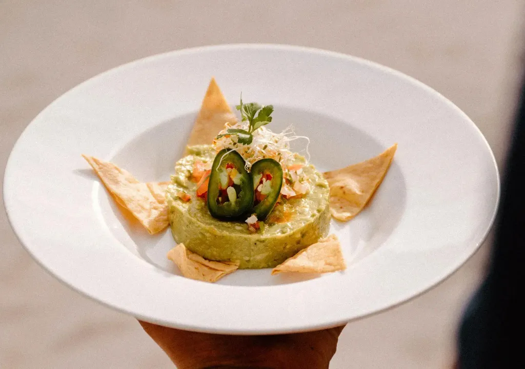 Assiette de guacamole et de chips de tortilla présentée à la main.