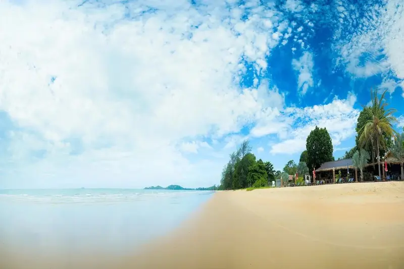 Plage de sable fin bordée de végétation sous un ciel nuageux.