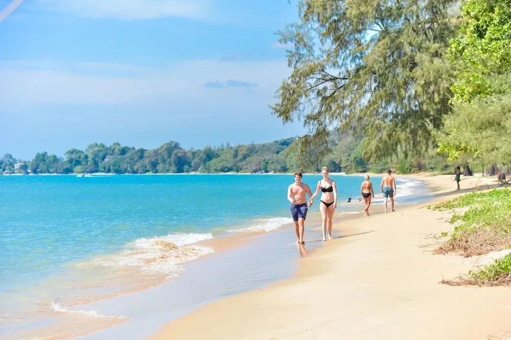 Des personnes se promènent sur une plage de sable fin bordée d'arbres.
