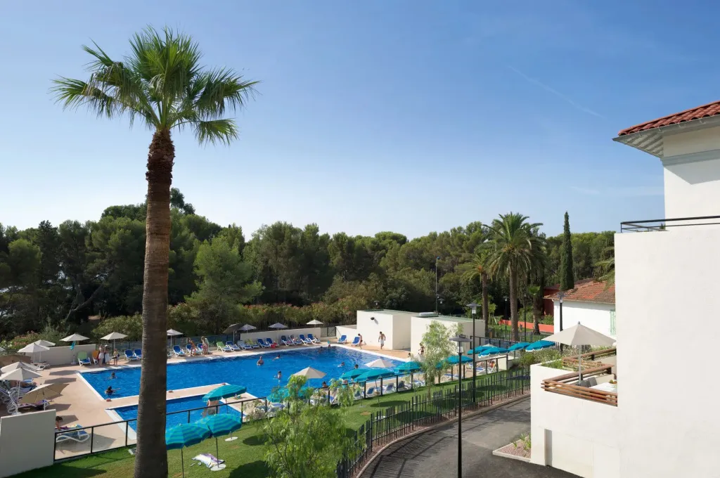 Une piscine ensoleillée avec des transats et des parasols, entourée de végétation luxuriante.