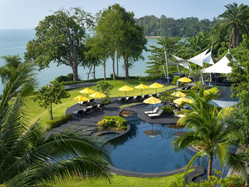 Piscine extérieure avec transats et parasols au milieu d'une végétation luxuriante.