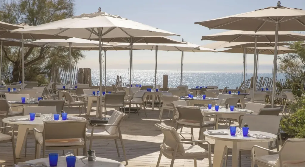 Terrasse ombragée avec tables et chaises face à la mer.