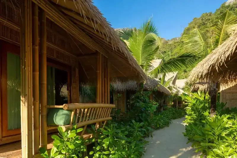 Des bungalows en bambou bordent un chemin verdoyant.