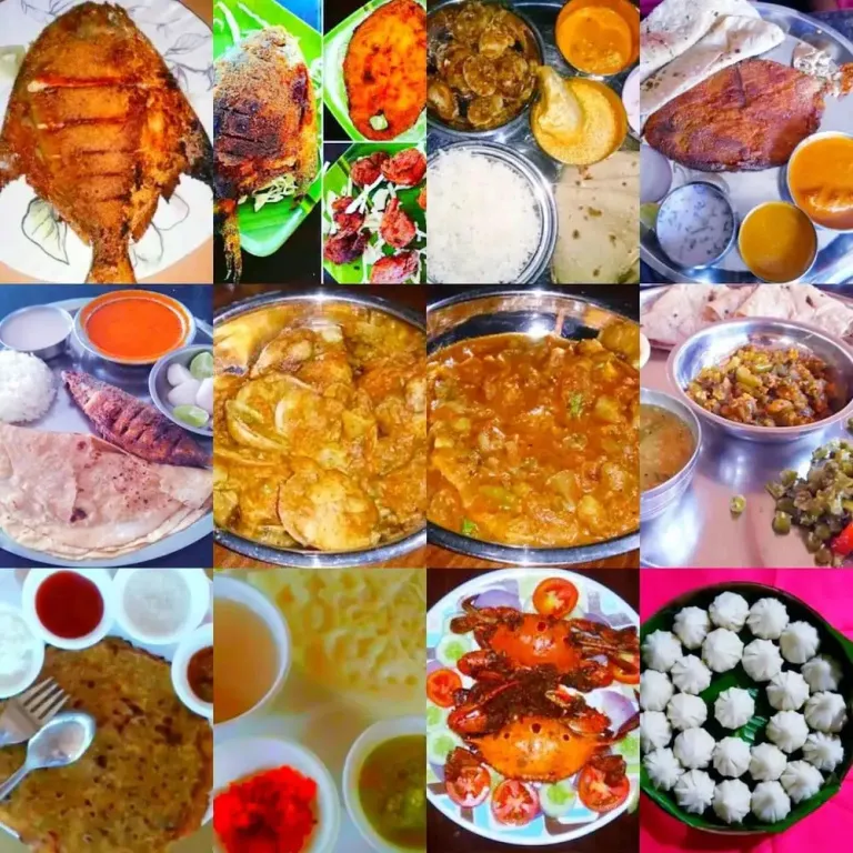 Assortiment de plats locaux servis dans des récipients variés.
