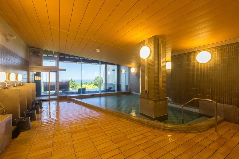 Une piscine intérieure lumineuse avec de larges baies vitrées donnant sur un paysage verdoyant.