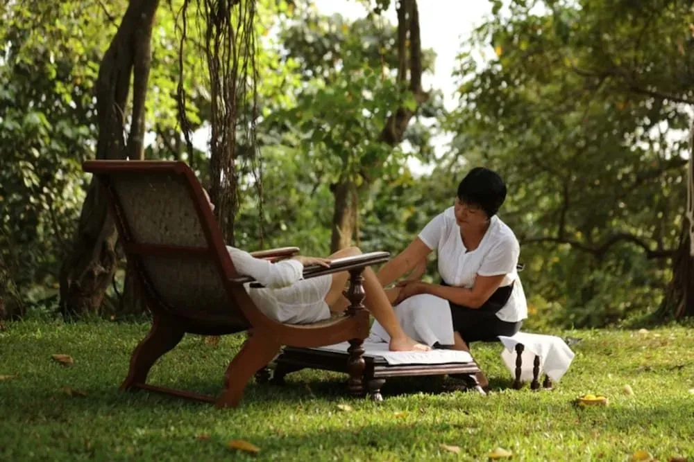 Une personne reçoit un massage des pieds dans un jardin luxuriant.