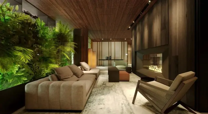 Un espace de détente intérieur avec canapés et une cheminée.