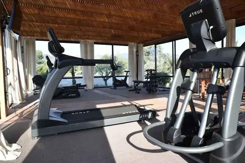 Une salle de sport lumineuse avec des équipements de fitness face à une vue dégagée sur la nature.