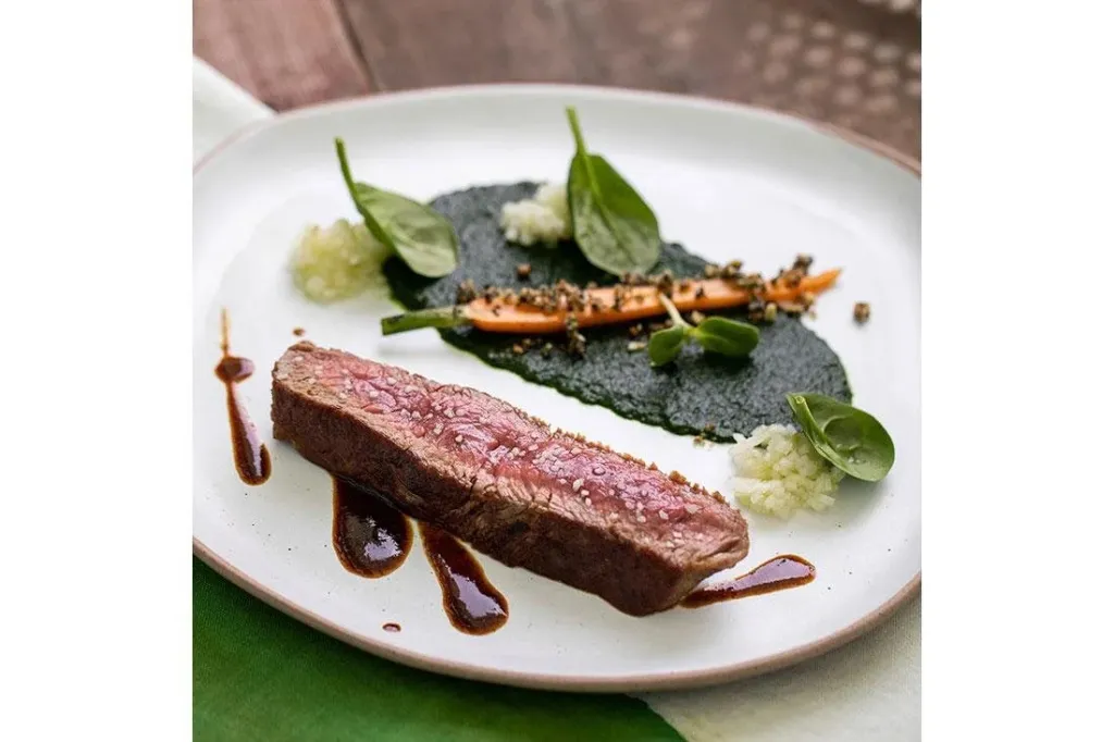 Une portion de viande grillée est présentée avec une purée verte et des légumes.