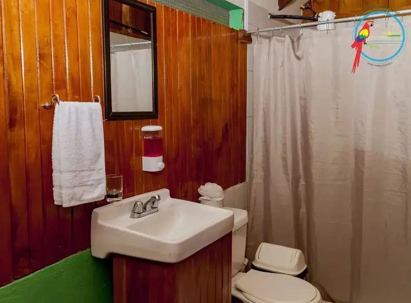 Une salle de bain avec lavabo, miroir et douche.