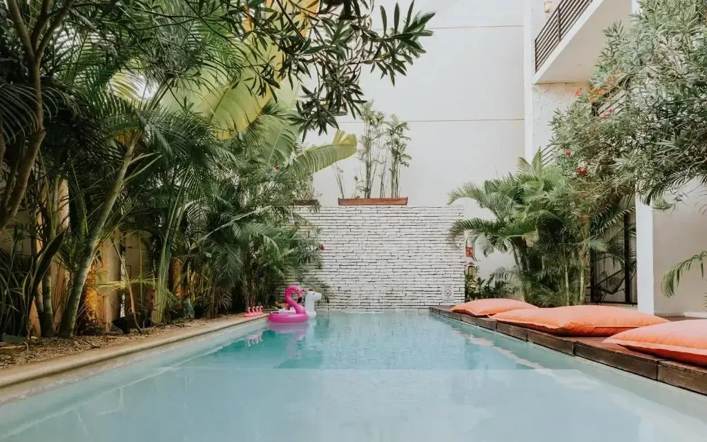 Une piscine rectangulaire entourée de végétation luxuriante et de chaises longues.
