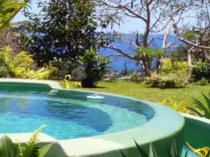 Une piscine turquoise est entourée de végétation luxuriante avec vue sur la mer.