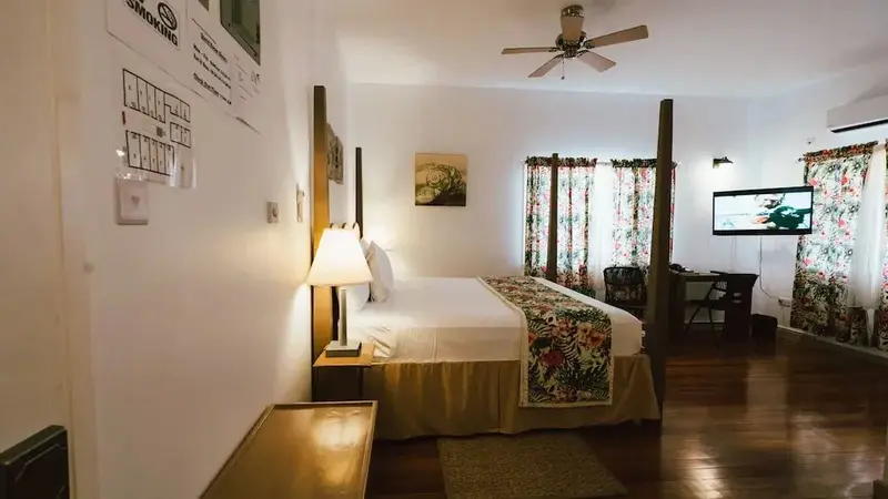 Une chambre lumineuse avec un grand lit à baldaquin et une télévision à écran plat.