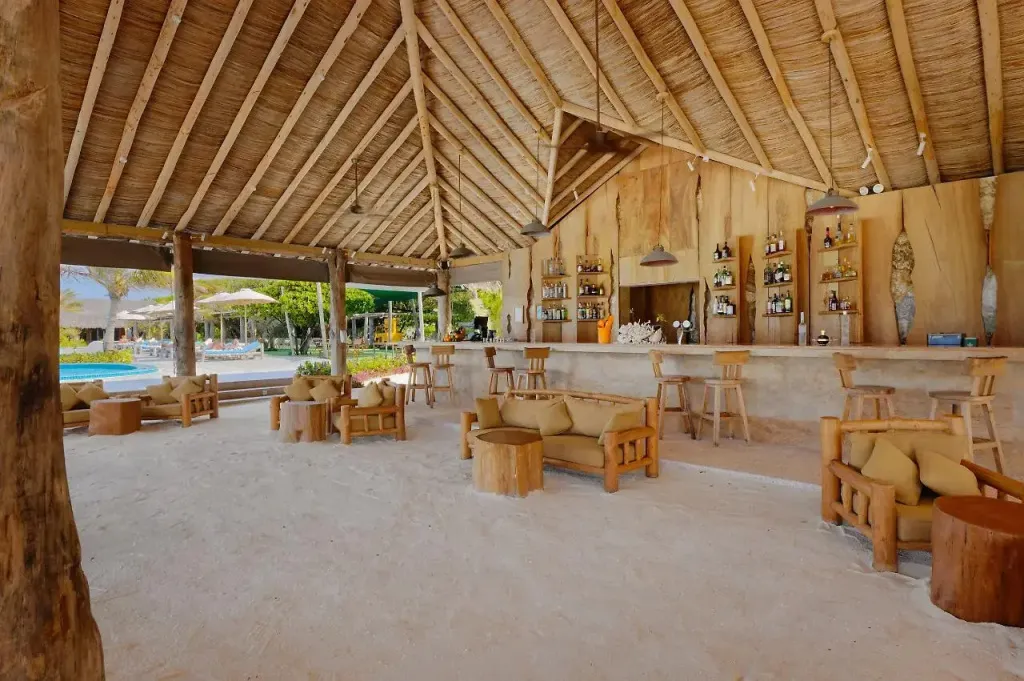 Un espace de détente avec un bar et des salons sur une plage de sable blanc.