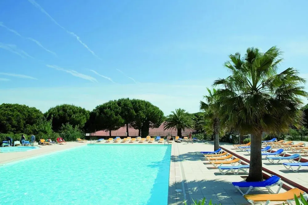 Une piscine bordée de transats sous les palmiers, un bâtiment en arrière-plan.