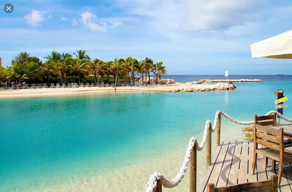 Vue sur une plage de sable blanc bordée d'eau turquoise et de palmiers.