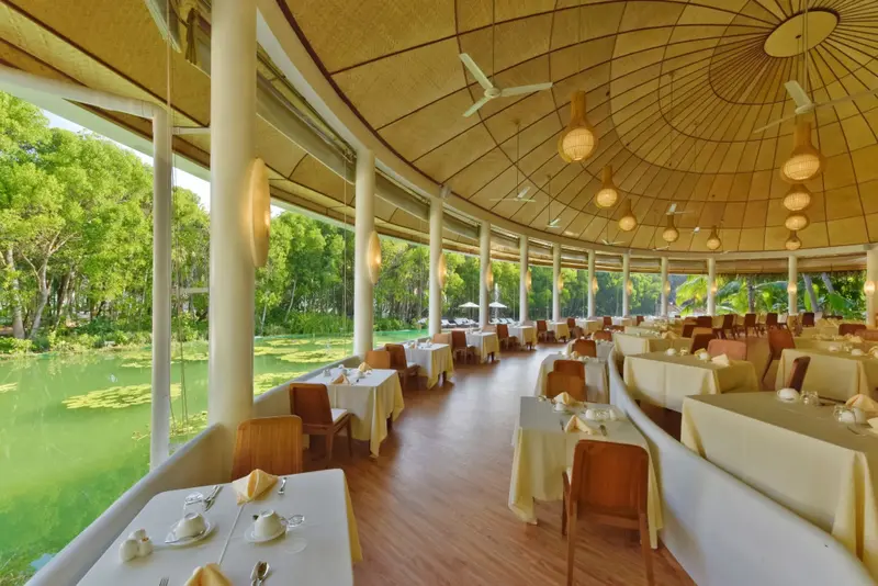 Une salle lumineuse avec des tables dressées près de larges baies vitrées donnant sur une végétation luxuriante.