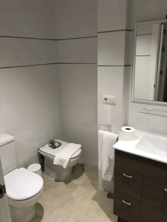 Une salle de bain claire avec des sanitaires et un meuble vasque.