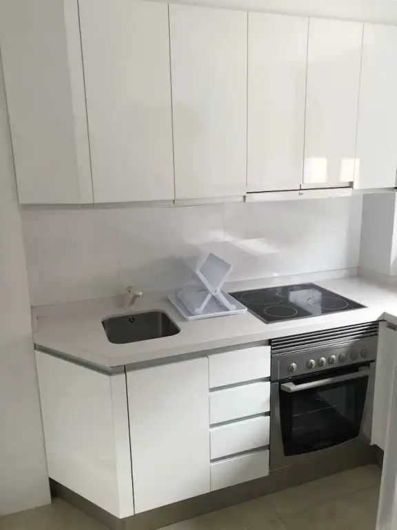 Cuisine blanche moderne avec évier et plaques de cuisson.
