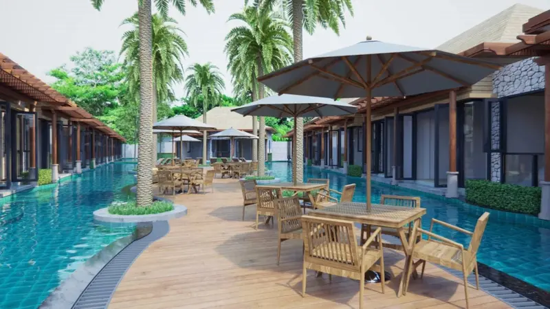 Terrasse avec tables et parasols au bord d'une piscine.