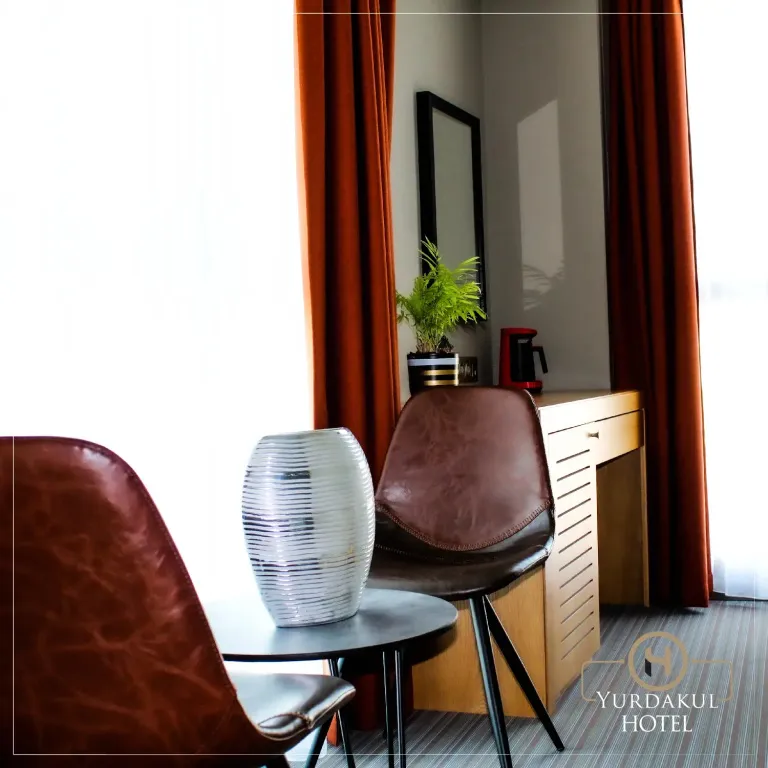 Un coin salon avec deux fauteuils et une plante en pot près d'un meuble.