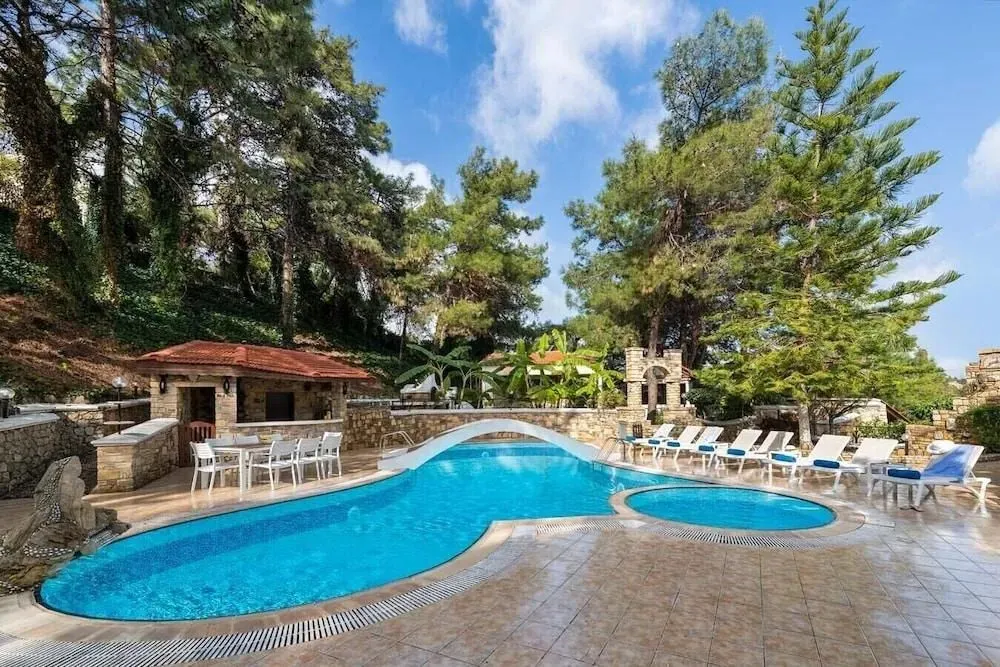 Une piscine bleue sinueuse avec un bar ombragé et des transats.