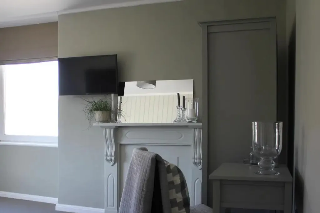 Une cheminée décorative est surmontée d'une télévision et d'une plante.