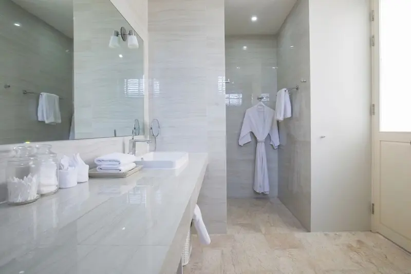 Une salle de bain lumineuse avec une douche à l'italienne et un grand miroir.