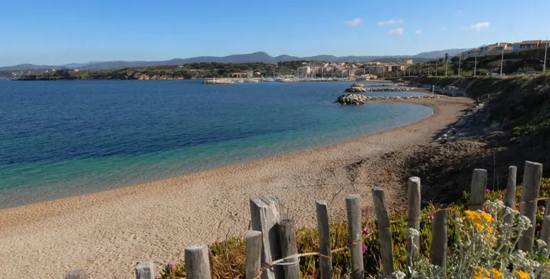 Une plage de galets bordée d'une eau turquoise et d'une végétation fleurie.