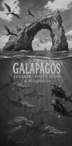 Fond d'écran plongée Galapagos, illustration vintage. Disponible le dimanche 23 mai 2027.