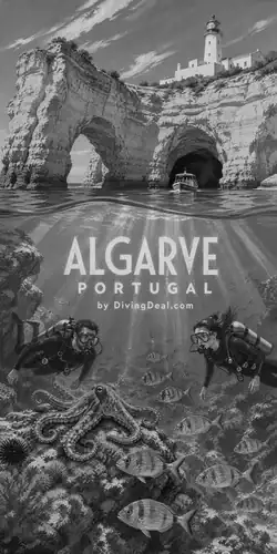 Fond d'écran plongée Algarve, illustration vintage. Disponible le dimanche 9 mai 2027.