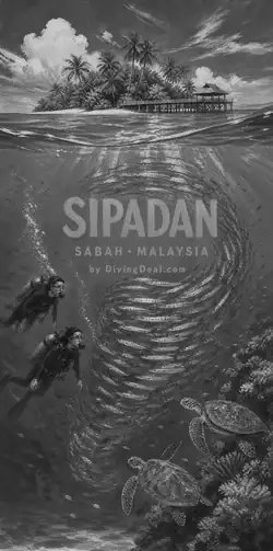 Fond d'écran plongée Sipadan, illustration vintage. Disponible le dimanche 31 janvier 2027.
