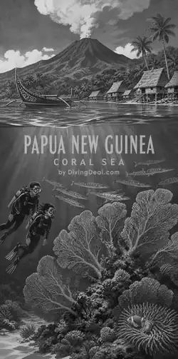 Fond d'écran plongée Papouasie-Nouvelle-Guinée, illustration vintage. Disponible le dimanche 7 février 2027.