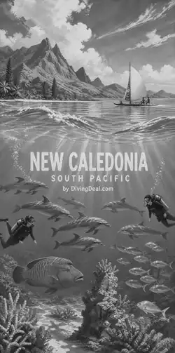 Fond d'écran plongée Nouvelle-Calédonie, illustration vintage. Disponible le dimanche 15 août 2027.