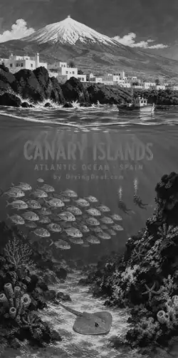 Fond d'écran plongée Canary Islands, illustration vintage. Disponible le dimanche 6 décembre 2026.