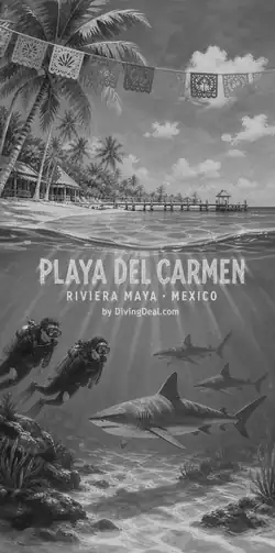 Fond d'écran plongée Playa del Carmen, illustration vintage. Disponible le dimanche 22 novembre 2026.